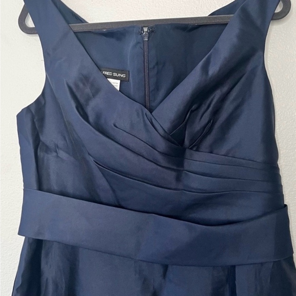 NEW ALFRED SUNG Midnight Blue Off the Shoulder Satin Gown Dress Size 18 - Picture 6 of 11